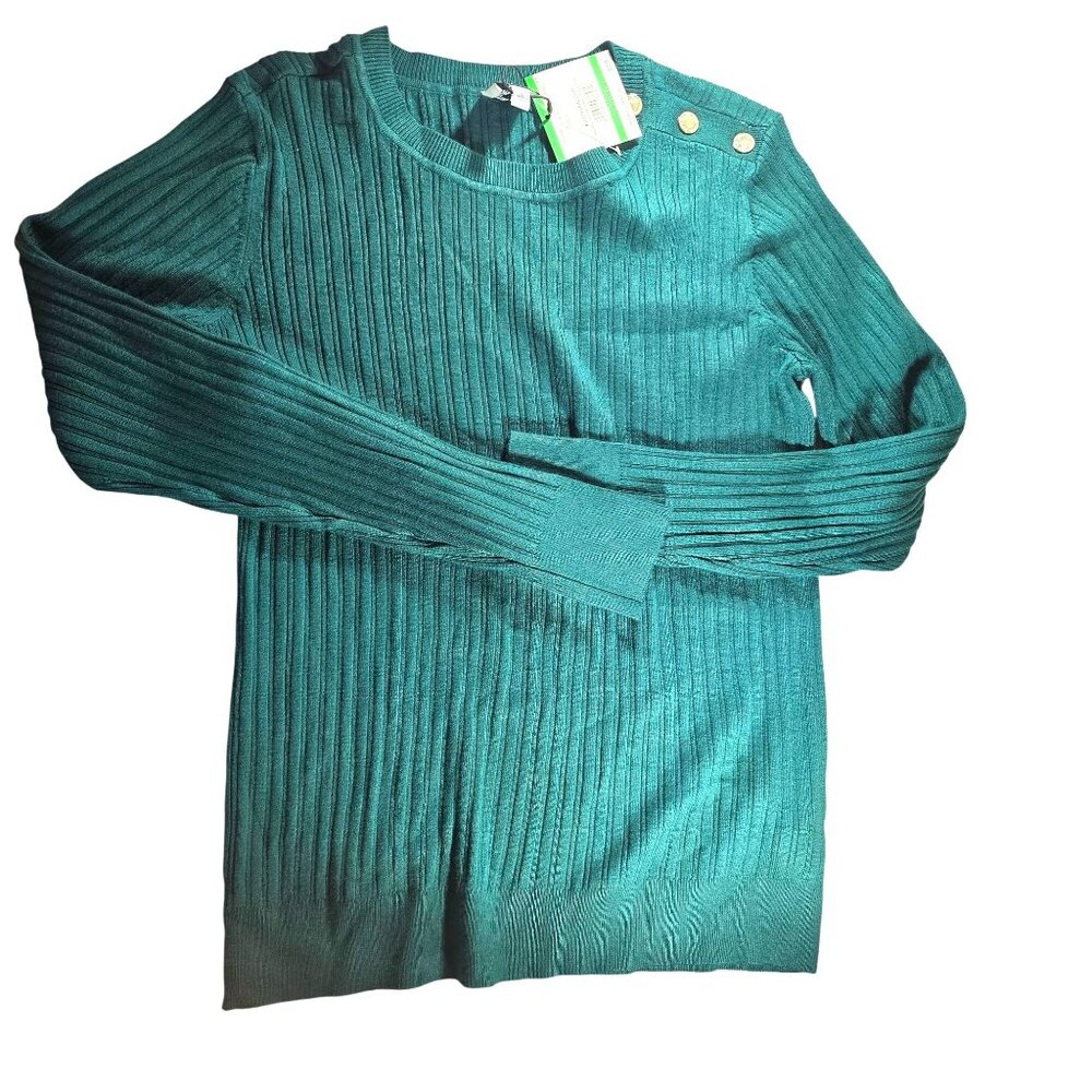 Ribbed Sweater Anne Klein Botanical Green Gold Button Accents Womens Size L